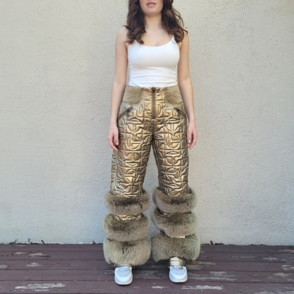 Moose Knuckles Metallic Gold Quilted Ski Pants with Fur Trim - Picture 2 of 13